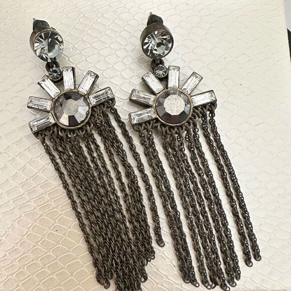RARE Antique Art Deco Drop Fringe Tassel Stud Pierced Dangle Earrings Silver-ton - Picture 2 of 5